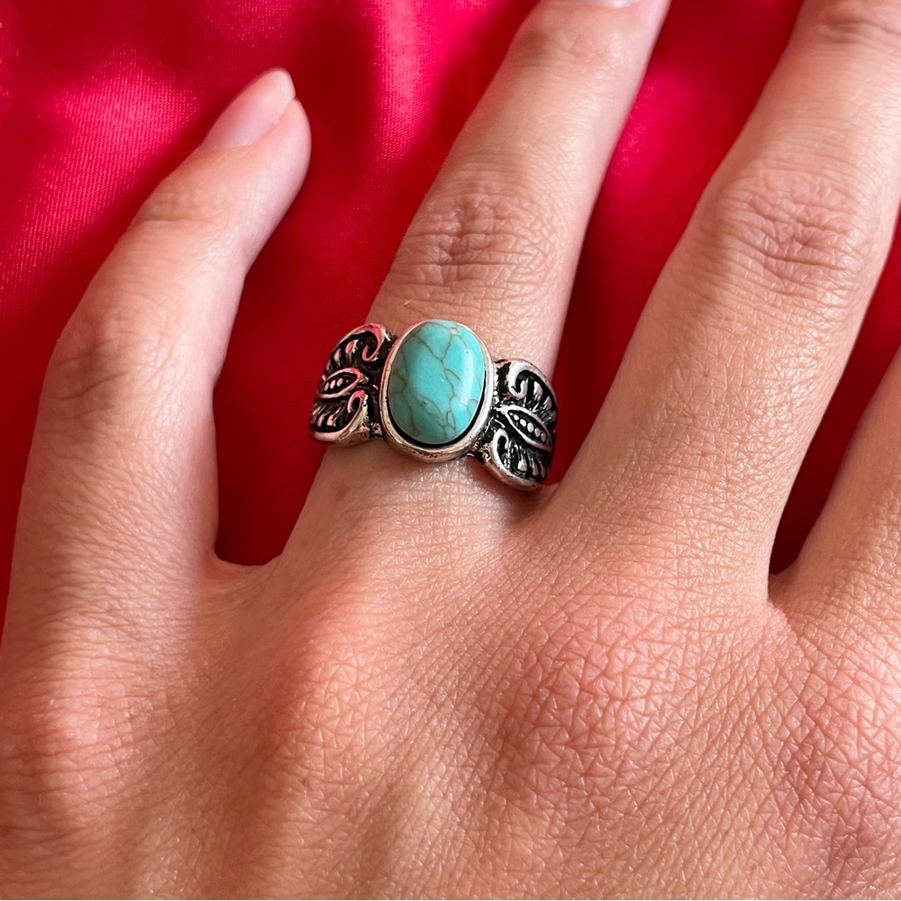 Turquoise Statement Costume Ring Silver Metal Ste… - image 5